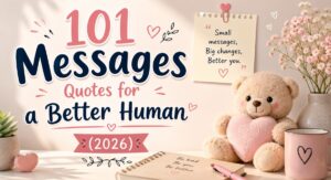 Cute pastel banner with teddy bear and “101 Messages Quotes for a Better Human (2026)”.