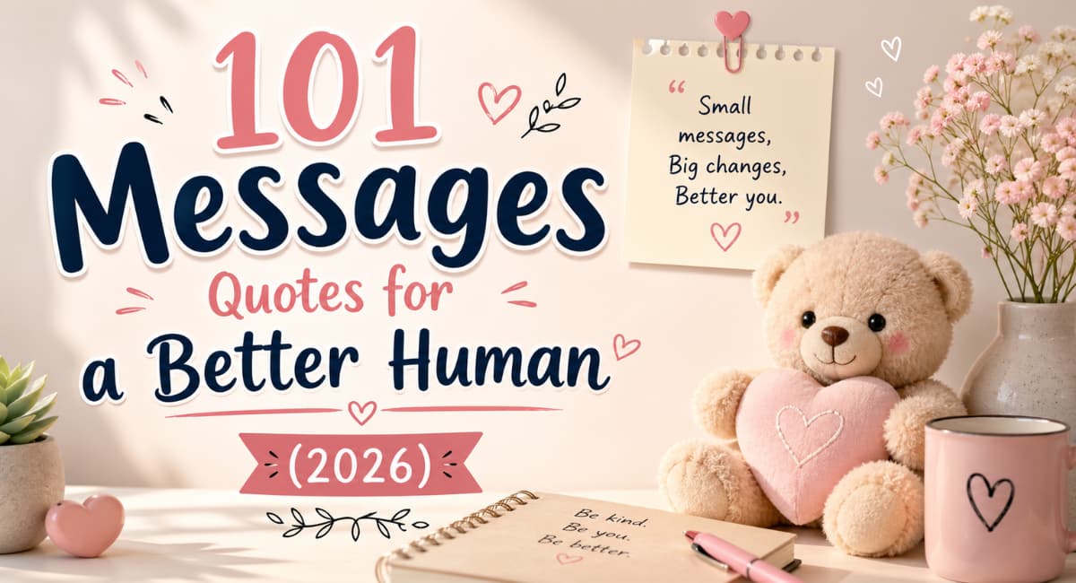 Cute pastel banner with teddy bear and “101 Messages Quotes for a Better Human (2026)”.