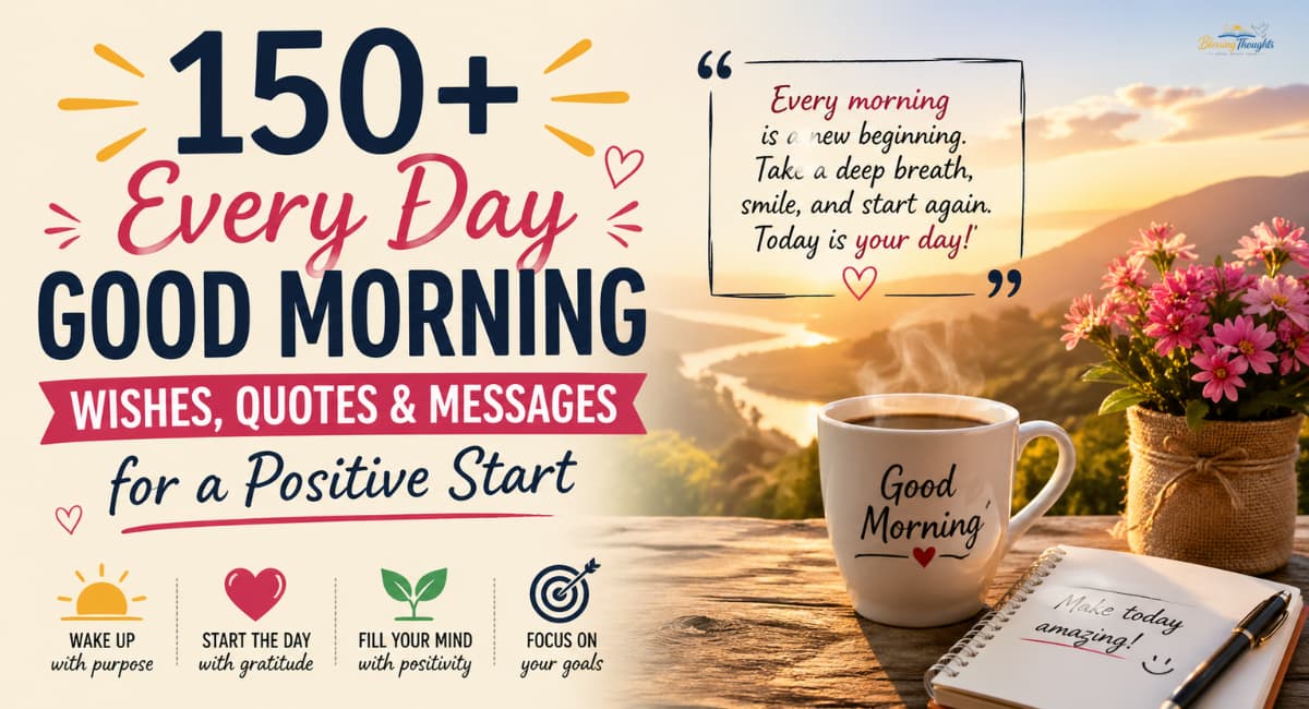 Every day good morning wishes banner with sunrise, coffee cup, flowers, and motivational quote.