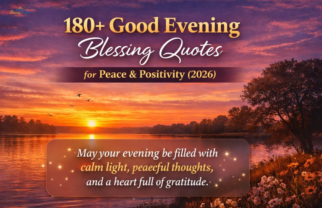 Beautiful evening sunset background with 180+ Good Evening blessing quotes for peace and positivity 2026