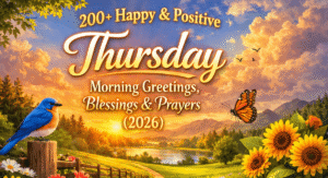 Fresh spring flowers in a vase with a "Happy Thursday" message and divine blessings.