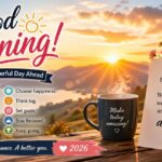 Bright sunrise good morning image with motivational quote and coffee cup, inspiring a fresh and positive start to the day.