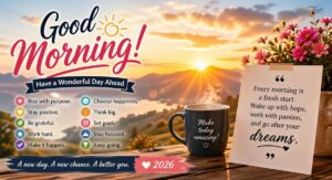 Bright sunrise good morning image with motivational quote and coffee cup, inspiring a fresh and positive start to the day.