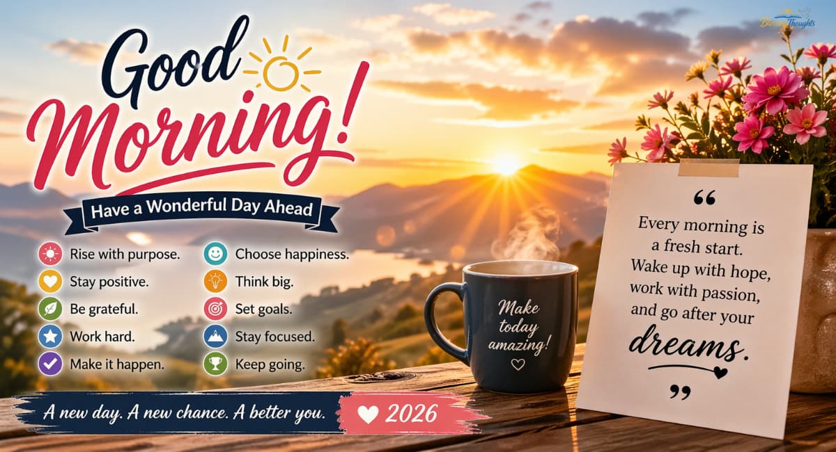 Bright sunrise good morning image with motivational quote and coffee cup, inspiring a fresh and positive start to the day.