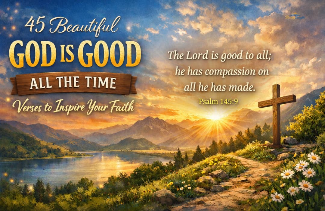 Peaceful nature landscape with a motivational scripture about trusting God's timing.