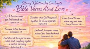 "A beautiful open Bible with a heart-shaped shadow on pages featuring verses about love and soulmates