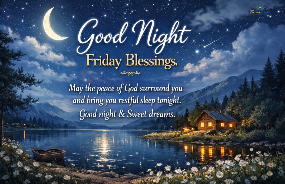 Peaceful night sky background with Good Night Friday Blessings text for 2026.