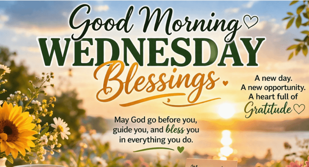 Peaceful Good Morning Wednesday blessings with a beautiful sunrise background"