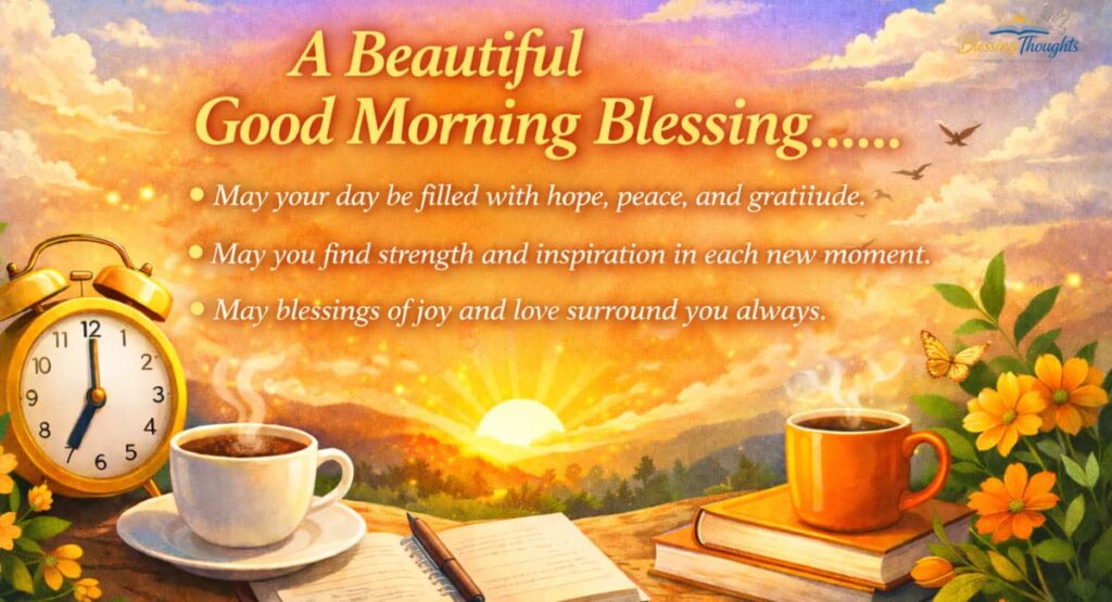 A beautiful good morning blessing with a peaceful nature background.