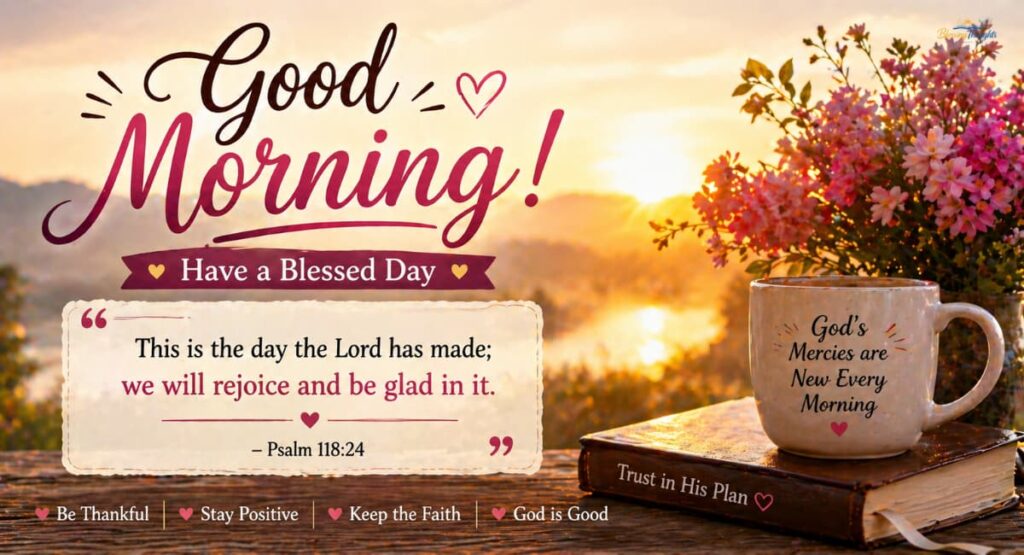 Beautiful sunrise scene with flowers and a coffee mug, featuring a good morning quote from Psalm 118:24 about rejoicing in the day