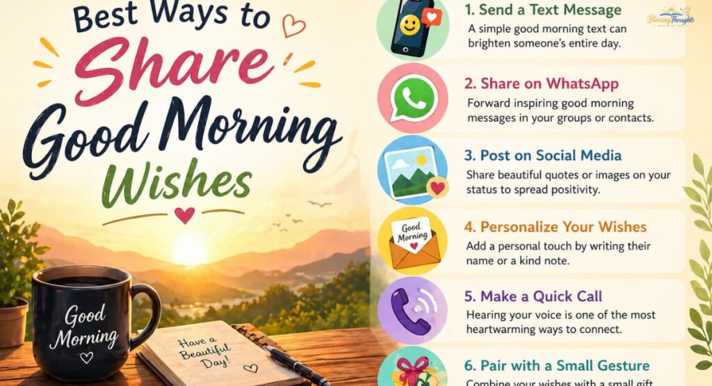 Colorful infographic showing different ways to share good morning wishes, including texting, social media, calls, and small gestures.