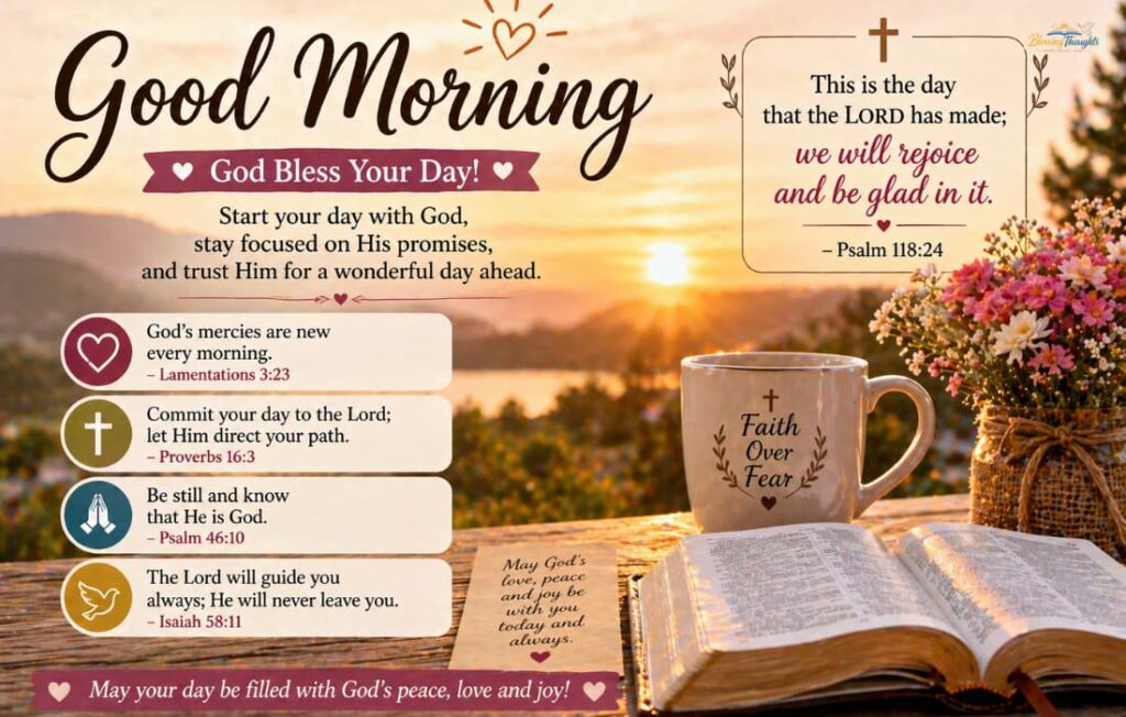 Christian good morning image with sunrise, Bible, coffee mug, and flowers, featuring Bible verses and faith-based inspirational quotes.