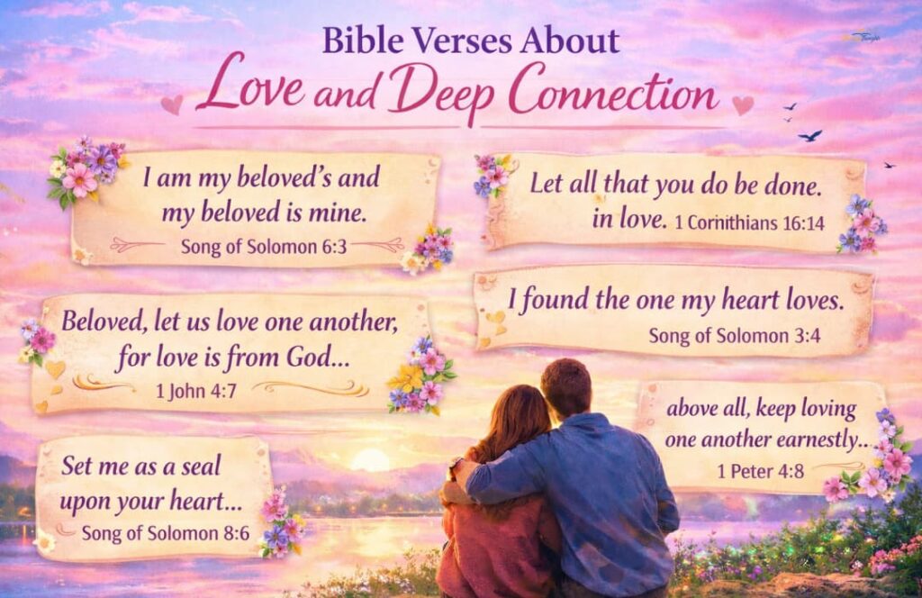 Bible verses about love and deep connection with a peaceful, spiritual background.