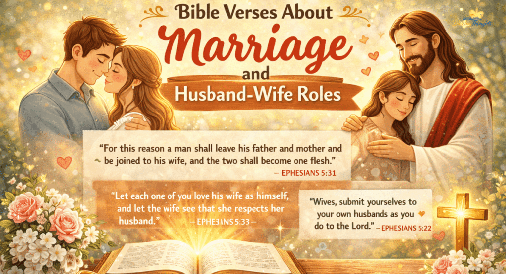 A couple holding hands during a wedding ceremony reflecting on Bible verses about marriage and husband-wife roles.