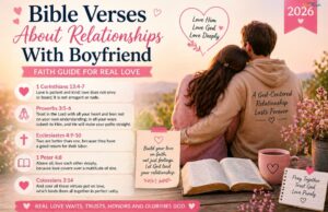 Romantic pastel image of a couple sitting together with Bible verses about relationships, love, and faith, labeled as a 2026 guide.