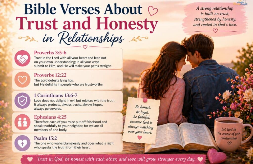 Romantic sunset scene with a couple and Bible verses about trust and honesty in relationships, surrounded by soft pastel colors.