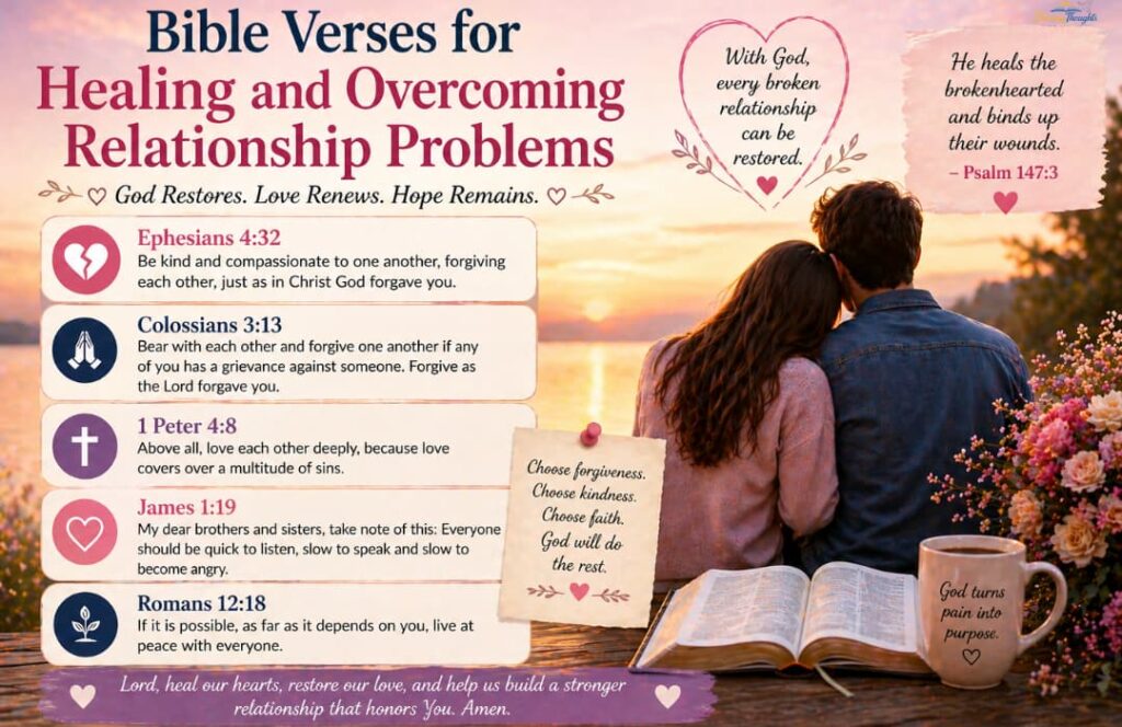 Couple sitting together at sunset with Bible verses about healing, forgiveness, and overcoming relationship problems.