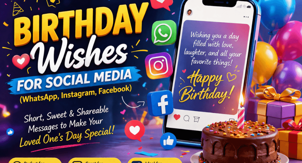 Creative birthday wishes for social media posts on WhatsApp, Instagram, and Facebook.