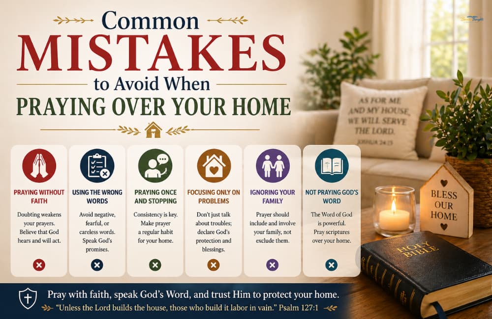 Common mistakes to avoid when praying over your home with Bible, candle, and cozy living room background.
