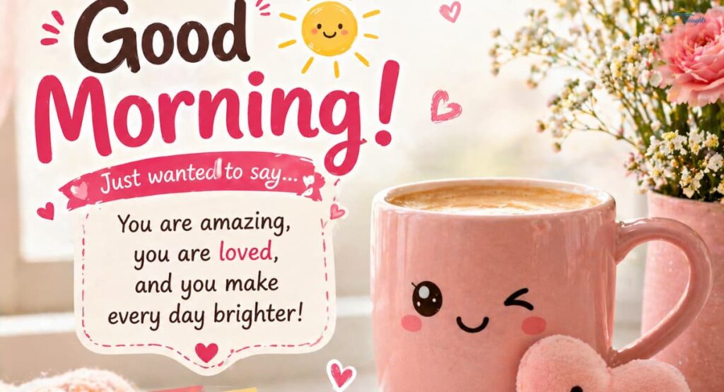 Cute good morning image with smiling coffee mug, hearts, and sweet message creating a warm and cheerful vibe.
