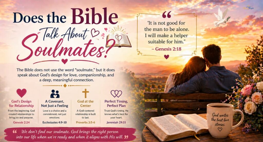 Romantic sunset scene with a couple sitting together, featuring a Bible verse about companionship and a message about soulmates and God’s plan.