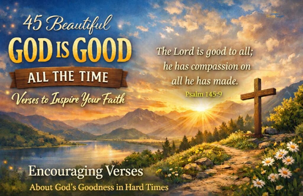 Inspirational 'God is Good All the Time verse' displayed over a beautiful, glowing sunset background.