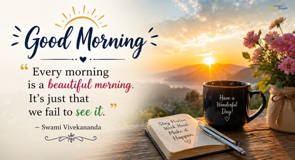 Sunrise landscape with flowers and coffee mug, featuring a famous good morning quote about appreciating each day.