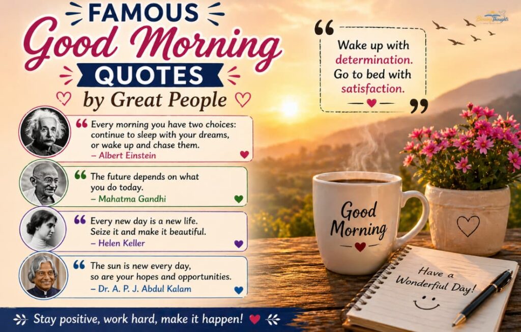 Famous good morning quotes by great people image with sunrise, coffee mug, flowers, and inspirational quotes.
