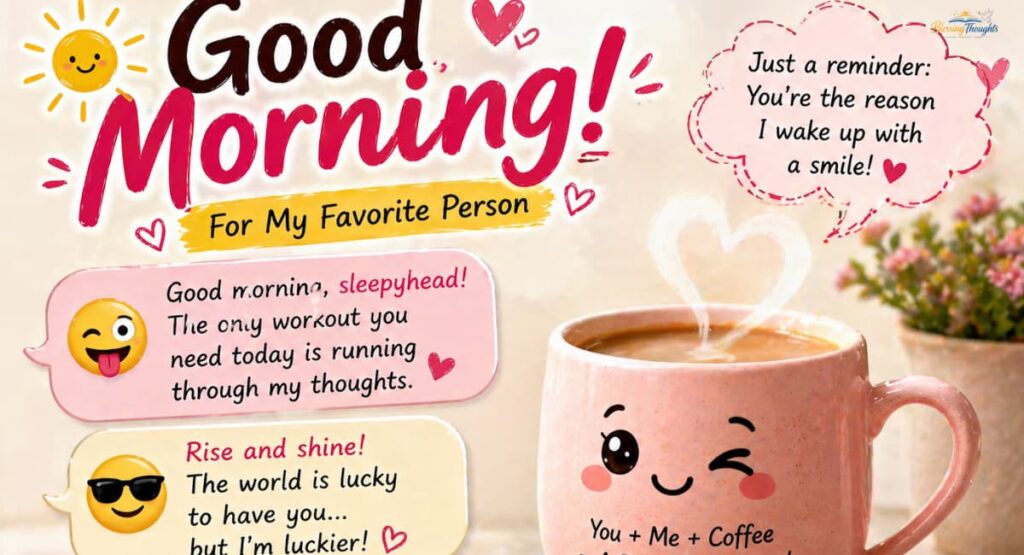 Funny and flirty good morning image with cute coffee mug, hearts, and playful romantic messages.