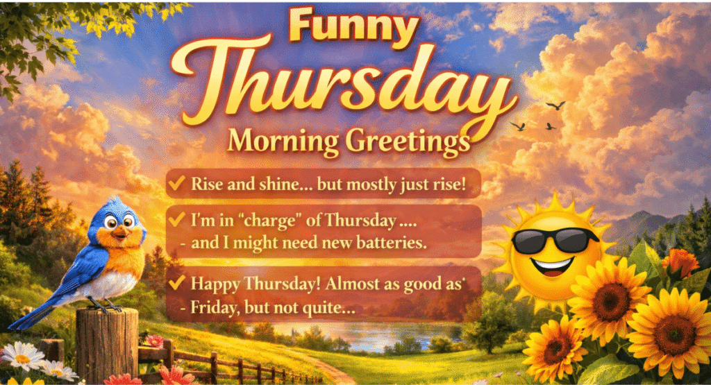 A funny cat or a grumpy coffee mug representing funny Thursday morning greetings.