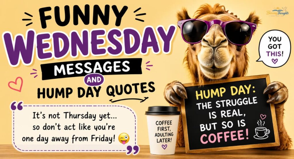 Funny Wednesday Messages and Hump Day Quotes with a humorous camel illustration and motivational midweek coffee humor.