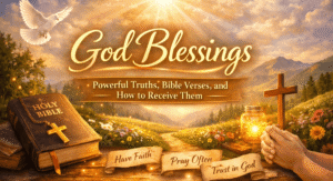 Open Bible with glowing light and a person praying, representing God's blessings and spiritual truths.