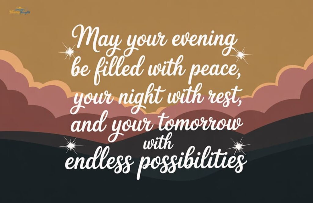 Peaceful good evening blessings and short prayer messages with a spiritual sunset background 2026.