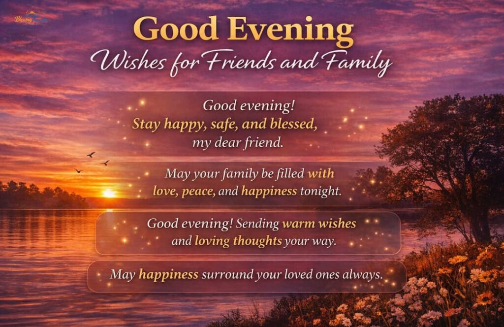 Short and sweet good evening wishes for friends and family with a warm aesthetic background 2026.