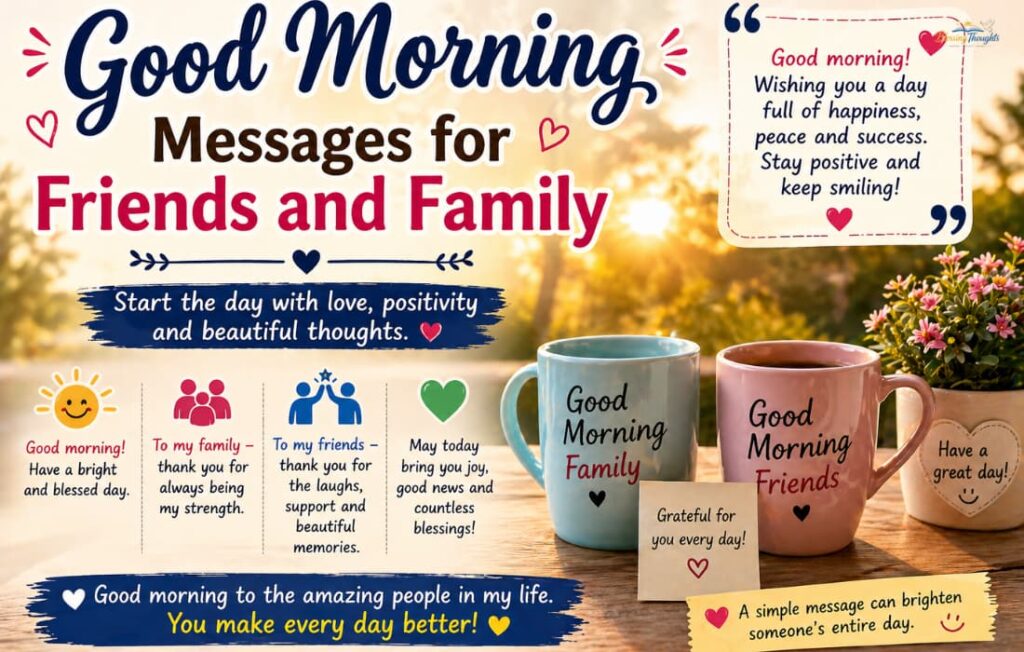 Good morning messages for friends and family image with sunrise, coffee mugs, flowers, and positive quotes.