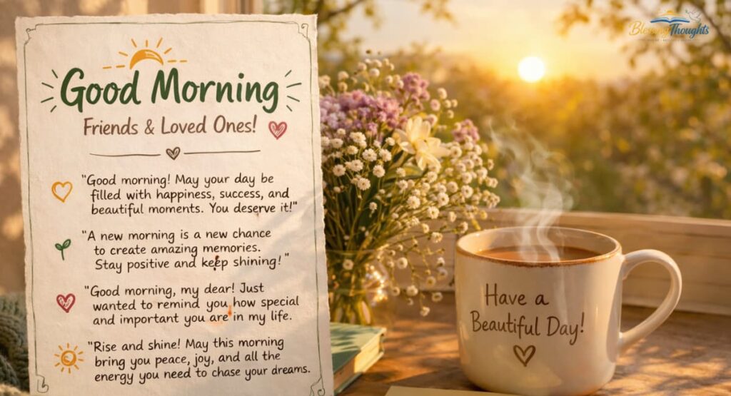 Uplifting good morning quotes for friends and loved ones with a bright sun and coffee background.