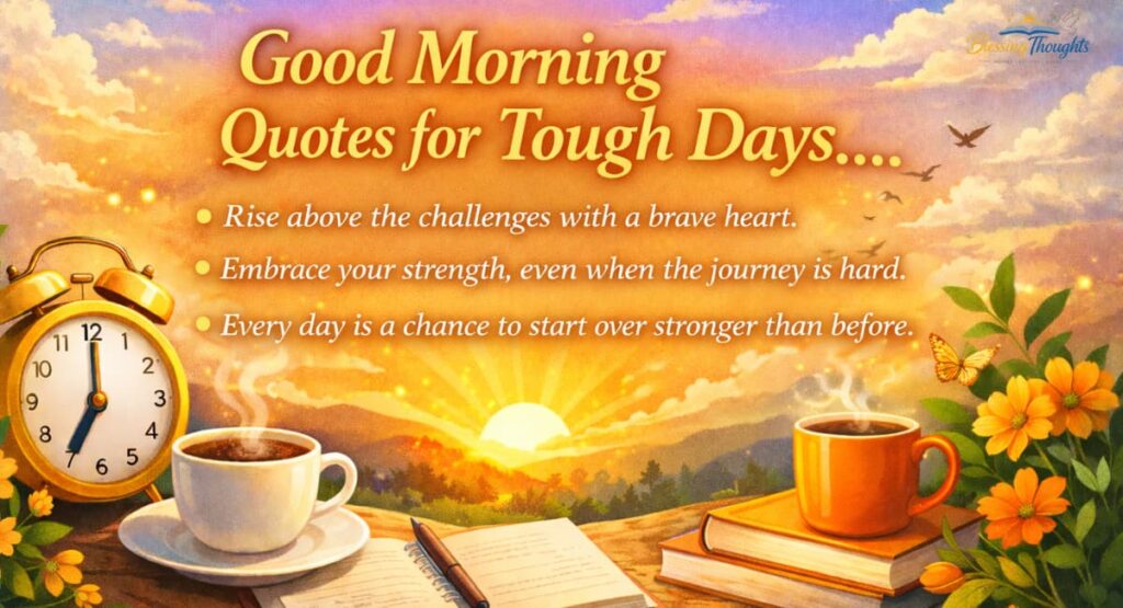 Inspirational good morning quotes for tough days with a peaceful sunrise background