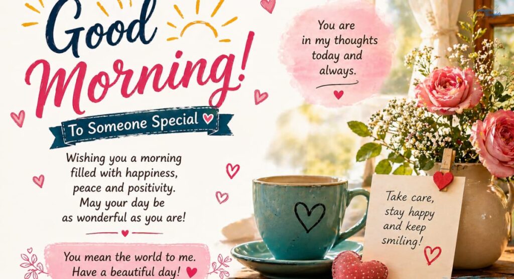 Sweet good morning image with flowers, coffee cup, and heartfelt message for loved ones expressing love and care.