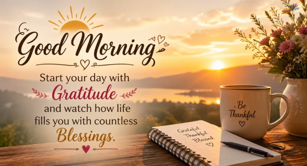 Good morning sunrise scene with coffee mug and flowers, featuring a gratitude quote about starting the day with thankfulness.