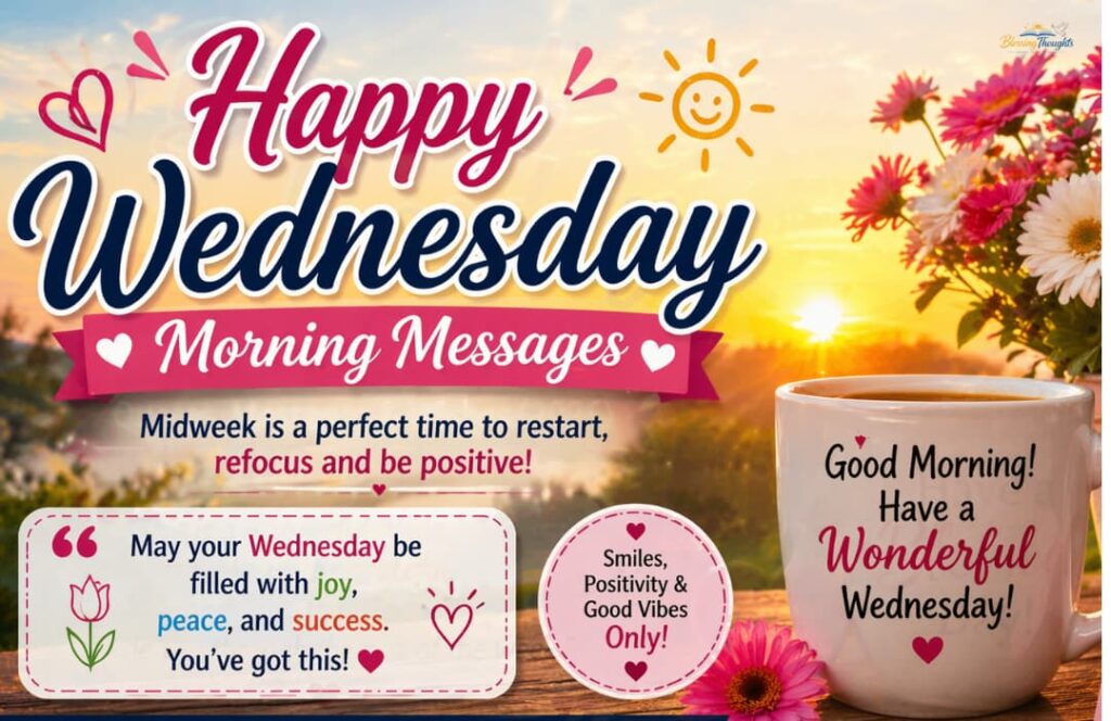 Happy Wednesday Morning Messages with uplifting wishes and positive vibes.