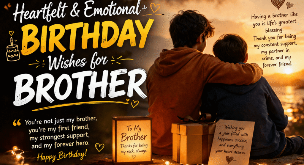 Heartfelt and emotional birthday wishes for brother in a beautiful card.