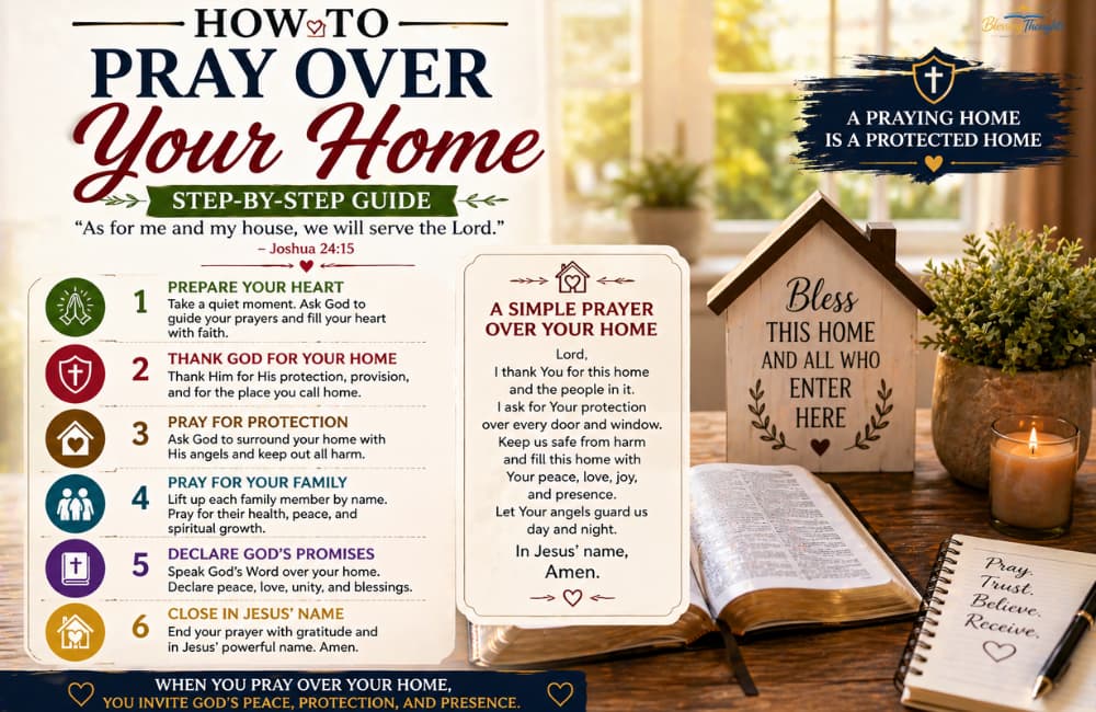 Step-by-step Christian guide image showing how to pray over your home, with Bible verse, prayer, and cozy home setting.