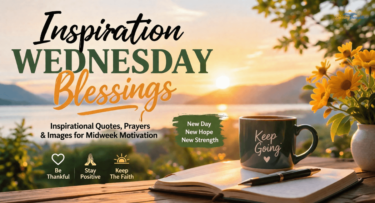 "Inspiration Wednesday blessings text with a peaceful morning background"