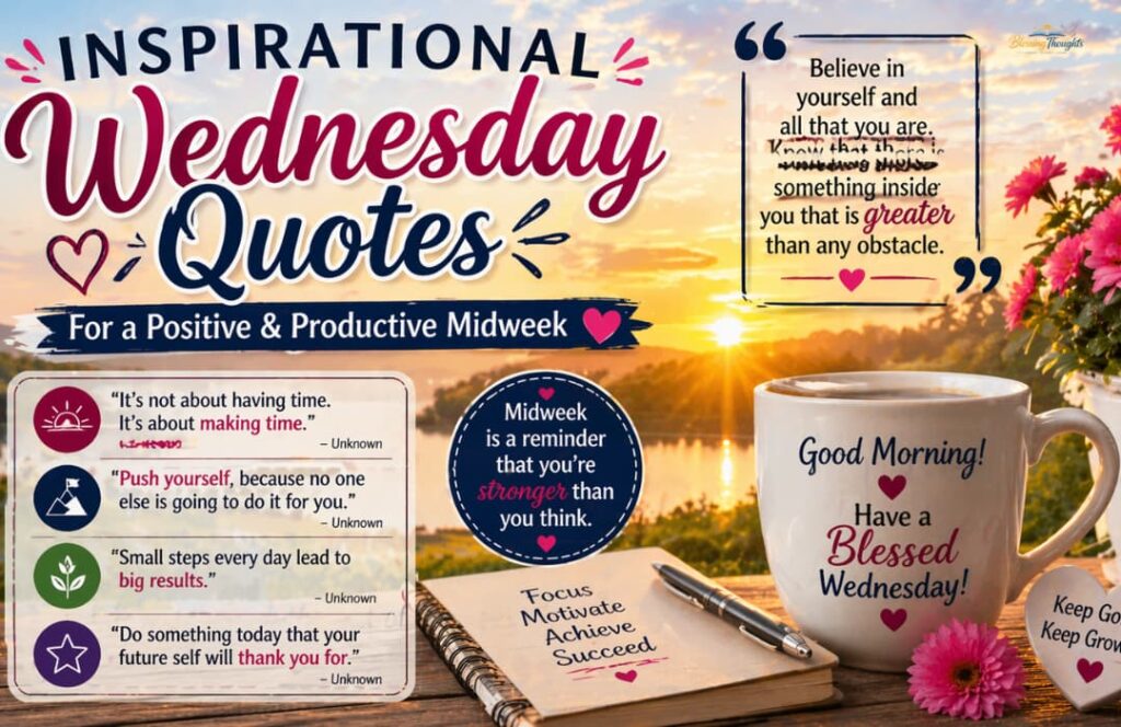 Inspirational Wednesday Quotes with motivational and positive messages for a fresh midweek boost.