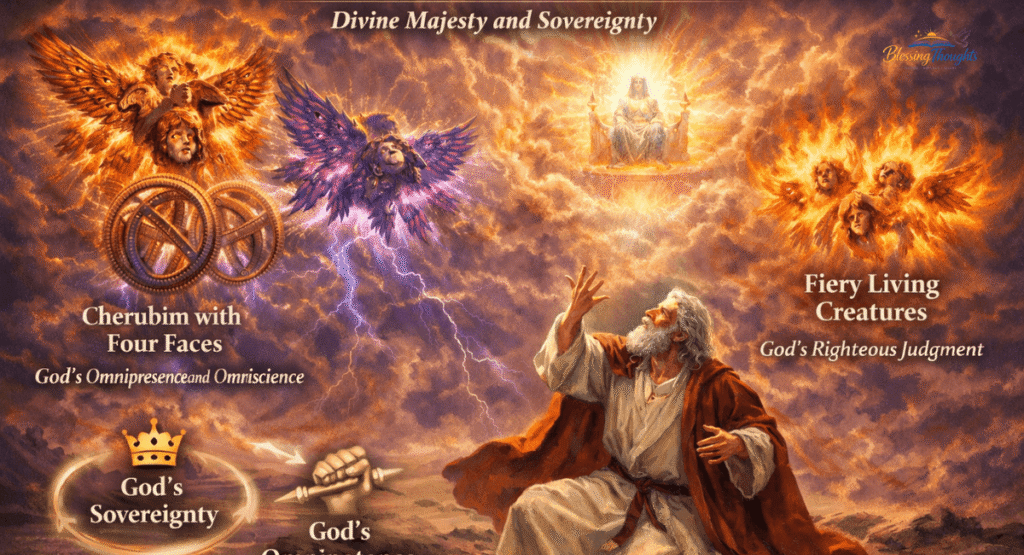 Symbolic biblical art of Ezekiel's vision and angelic creatures