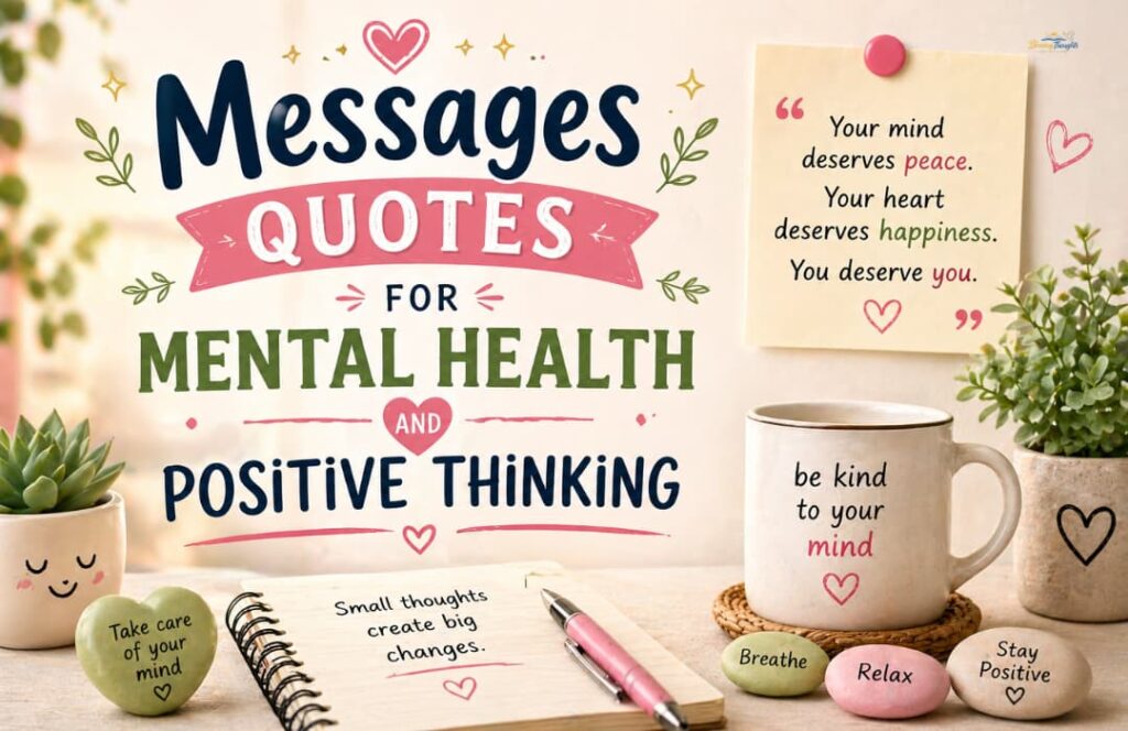 Cute mental health quotes banner with plants, mug, and “Messages Quotes for Mental Health and Positive Thinking”.