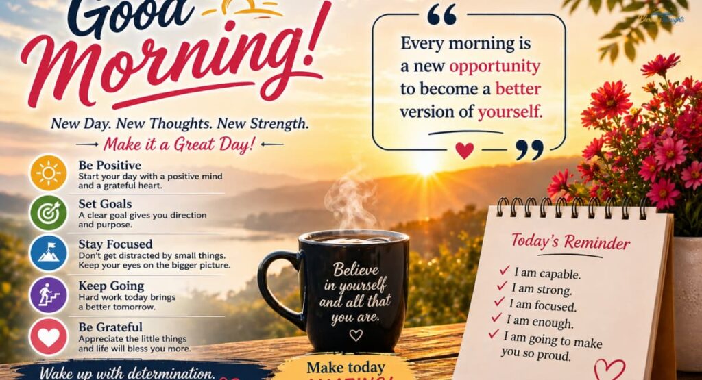 Motivational good morning image with sunrise, coffee cup, and inspiring quote to start the day with positivity.