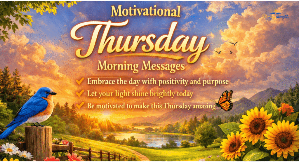 A bright office desk with a laptop and a "Motivation" quote for Thursday morning messages