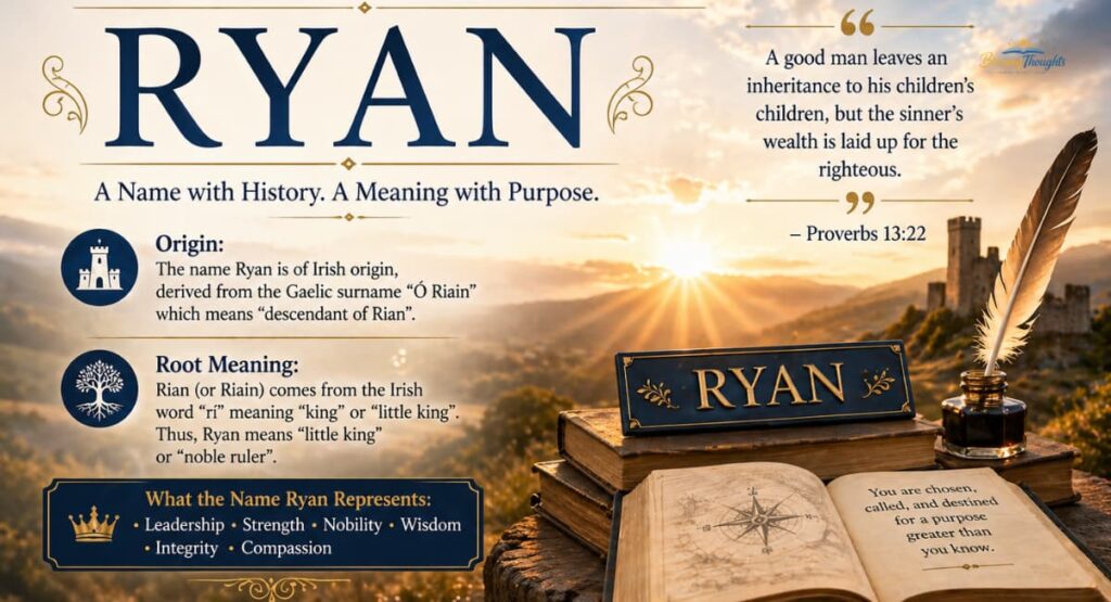 Origin and root meaning of the name Ryan with sunrise background, books, feather pen, and inspirational quote.