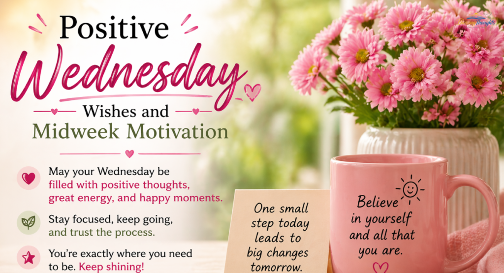 Positive Wednesday wishes image with pink flowers, mug, and motivational quote